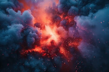 Naklejka premium An epic cosmic explosion of red and blue smoke clouds and particles, creating a vibrant and energetic abstract scene resembling a nebula or a colorful supernova in deep space