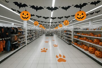 Halloween store interior with hanging jack-o-lanterns and bat decor in aisle. concept of festive shopping experience, halloween celebration, seasonal decorations