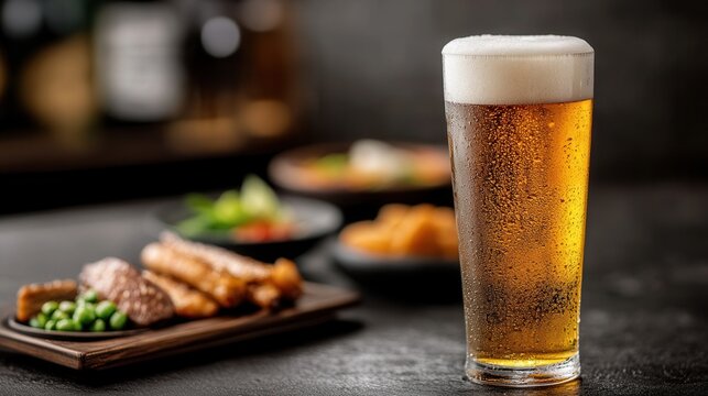 Frosty pint on izakaya counter, golden beer sparkles under lanterns in lively Japanese pub atmosphere