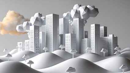 Abstract paper cityscape with rolling hills and cloudy sky in a minimalist style
