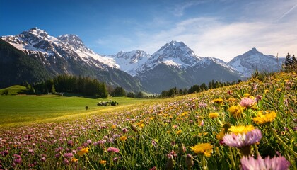 idyllic alpine landscape blooming meadow with snow covered peaks in the background salzburger land austria