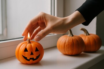 Jack-o-lantern candle burning on window sill with pumpkins in autumn decor. concept of halloween, fall atmosphere, cozy home decoration.