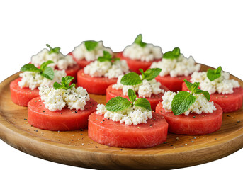 A wooden plate filled with watermelon slices topped with cheese and mint leaves, a tasty treat indeed on transparent background