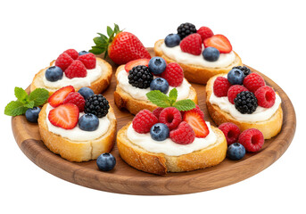 A wooden platter filled with toast topped with cream and various fresh mixed berries on a wooden surface on transparent background
