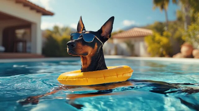 A black dog wearing sunglasses floats in a pool with a yellow flotation ring. The background features a sunny day and tropical plants.