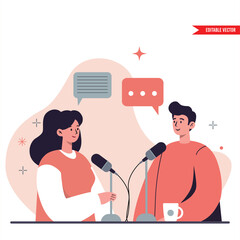 Podcast Interview: Two People Discussing on Microphones, Conversation, Discussion, Communication Flat vector illustration
