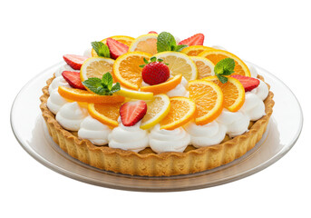 A delicious looking fruit tart with oranges lemons and strawberries on a white plate ready to eat on transparent background