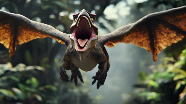 A flying dinosaur with feathers glides through a dense, green jungle. The creature has sharp teeth and a fierce expression, showcasing its predatory nature.