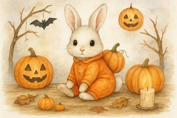 Watercolor halloween bunny in orange costume with pumpkins, jack-o-lanterns, and bat. concept of autumn festivities, cute animal art, halloween celebration