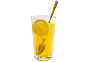 A glass of yellow liquid with a lemon slice and a golden spoon against a plain backdrop scene on transparent background