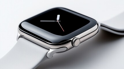 Close-up of polished smartwatch displaying minimalist interface on pristine background