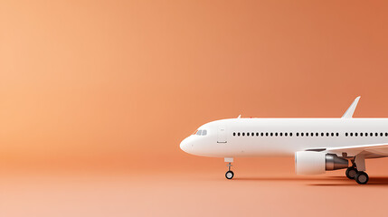 Minimalistic white airplane model on a clean peach background, ideal for aviation themes, travel promotions, or transportation concepts. Simple and elegant design.