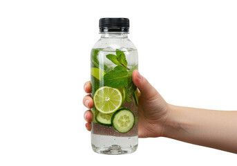 Hand holding bottle with water infused with lime cucumber and mint for a refreshing drink on transparent background