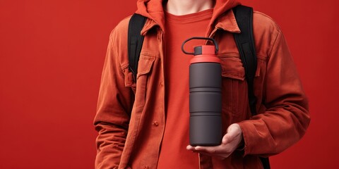 Tourist water canister – conceptual image of hydration and survival in nature travel