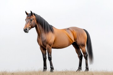 Obraz premium Horse stands elegantly in a bright meadow, with a black mane flowing gently in the breeze