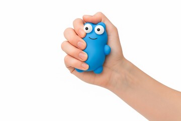 Hand squeezing cute blue monster stress toy for stress relief and relaxation concept of anxiety reduction relaxation technique playful toy stress management
