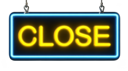 Illuminated neon sign displaying the word close in bright yellow letters with a blue border isolated on transparent background
