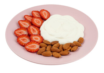 A pink plate holding sliced strawberries, a dollop of yogurt, and a handful of almonds arranged nicely on transparent background