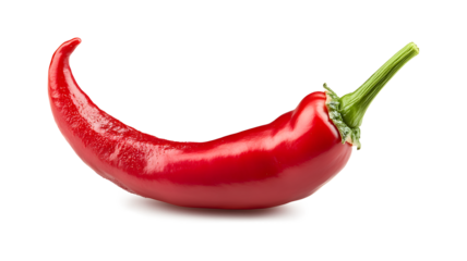 A red pepper is shown with its stem, and the tip of the stem is visible. The pepper is long and slender, with a green stem