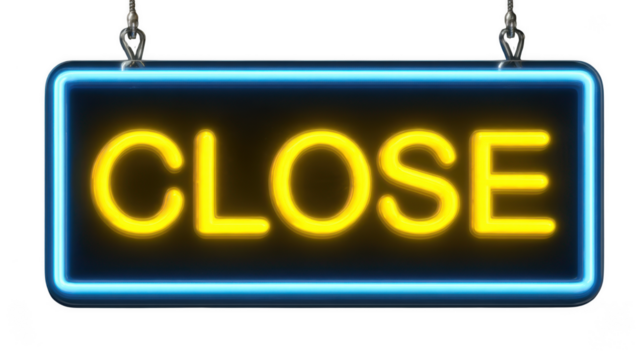 Illuminated neon sign displaying the word close in bright yellow letters with a blue border isolated on transparent background