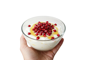 Hand holding a bowl of yogurt topped with pomegranate seeds and a drizzle of golden liquid on transparent background
