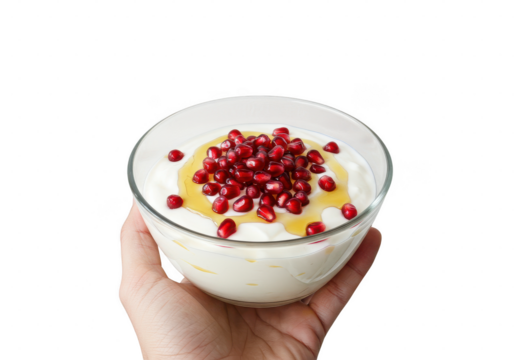Hand holding a bowl of yogurt topped with pomegranate seeds and a drizzle of golden liquid on transparent background