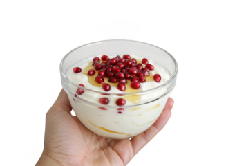 A hand holding a glass bowl filled with yogurt, pomegranate seeds, and a drizzle of golden honey on transparent background