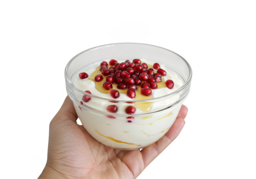 A hand holding a glass bowl filled with yogurt, pomegranate seeds, and a drizzle of golden honey on transparent background - Powered by Adobe