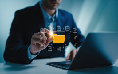 Businessman managing a digital document system through a virtual interface. Concept of cloud computing and data storage for corporate file management.