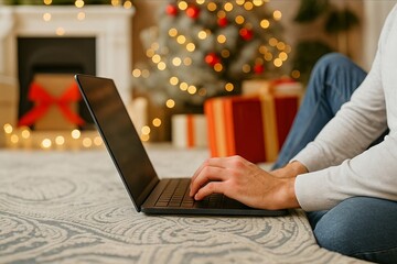 Online christmas shopping by man using laptop at home with decorative gifts and christmas tree in background. concept of holiday shopping, festive decor, cozy home atmosphere