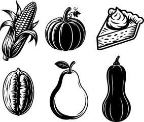 Black and white vector collection of autumn foods including butternut squash, pear, pumpkin, corn, and pie slice with stylized textures, bold outlines, and clean contour lines