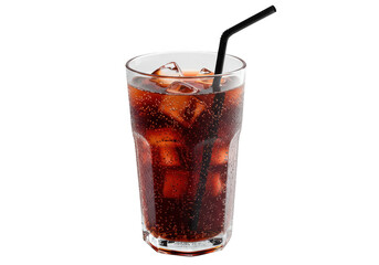 A glass filled with a dark beverage and ice cubes, accompanied by a drinking straw on a dark scene on transparent background