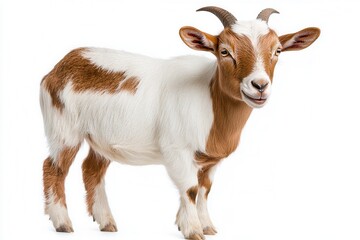 Fototapeta premium Gazing Goat standing attentively on a White backdrop, showcasing rustic charm