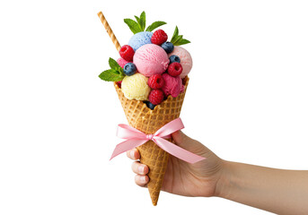 Hand holding a waffle cone filled with colorful scoops of treat and fresh berries and a pink ribbon tied on transparent background
