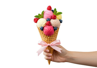 Hand holding a waffle cone with multiple scoops of flavored ice cream and fresh berries on top on transparent background