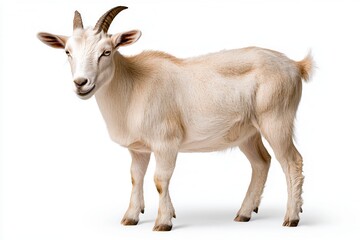 Fototapeta premium Light Brown And White Goat Stands Curiously Against A Pure White Background In The Studio
