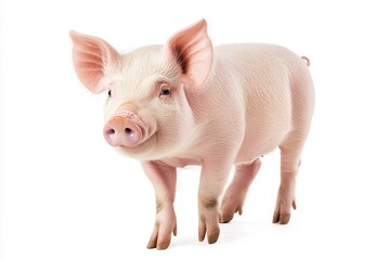 Gentle oinker struts curiously against a bright white backdrop, showing off its pink hue and charming demeanor