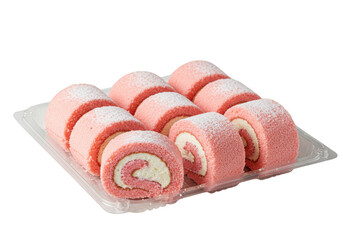 A tray of pink swiss rolls with white cream filling and powdered sugar on top in a clear container on transparent background