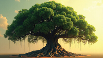 A majestic banyan tree with towering roots and thick green leaves