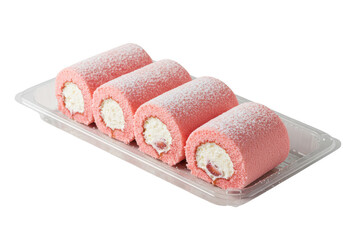 Four pink swiss rolls with creamy filling on a clear plastic tray ready to be served dessert on transparent background