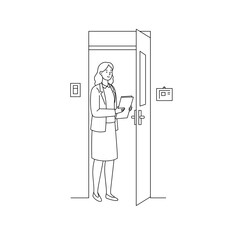Woman doctor standing at door with clipboard in a professional setting  