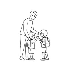 Fototapeta premium Parent helping two children with backpacks in a simple illustration 