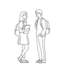 Two students chatting while holding books and wearing backpacks  