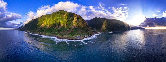 Madeira island nature scenery. Aerial drone panorama of Sao Vicente village over sunset in norther coast. Portugal travel