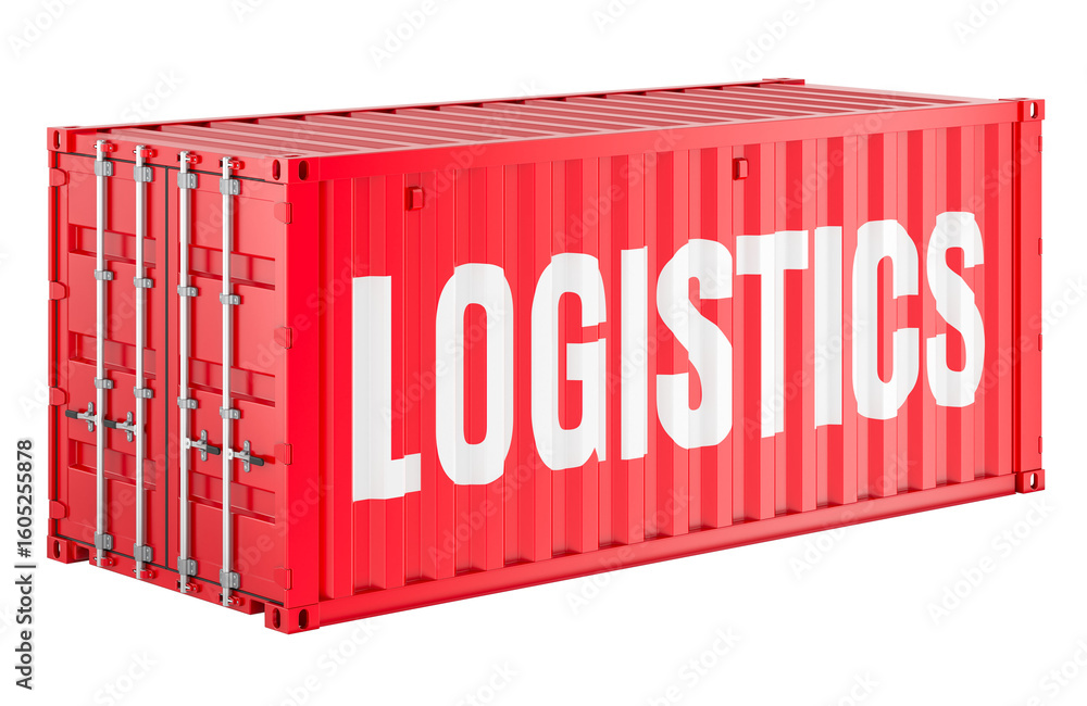 Poster logistics concept with red shipping container. 3d rendering