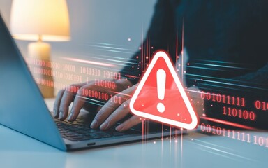 Concept of a cybersecurity threat, with a red warning triangle and exclamation mark appearing over a laptop. Represents a system error, virus alert, or data breach.