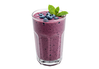 A vibrant blueberry smoothie in a glass garnished with fresh mint leaves and some blueberries on top on transparent background