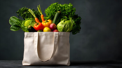 White Eco Shopping Tote Bag Filled with Fresh Vegetables on Dark Background