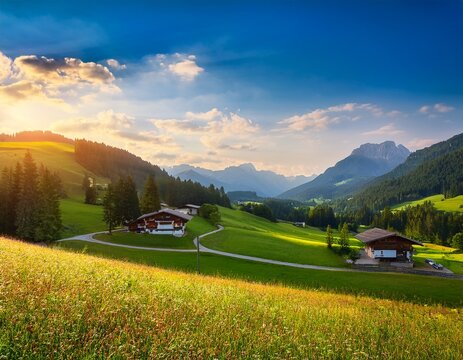 idyllic summer landscape in the evening light in the beautiful salzburger land lofer pinzgau salzburger land austria europe