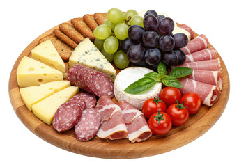 A wooden platter filled with cheese, grapes, crackers, tomatoes, and cured meats for a snack on transparent background